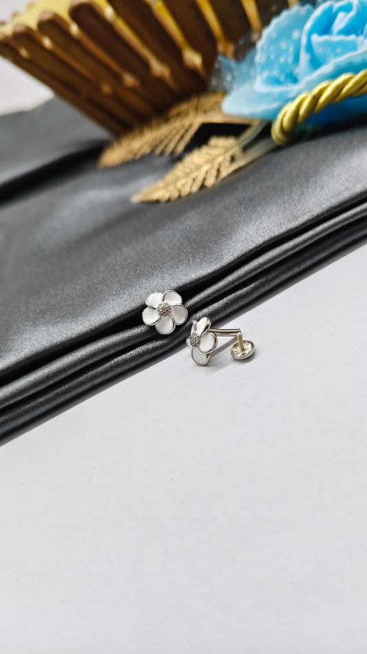 925 Silver Regular Silver Colour Flower Design White Enamel With White Stone Earrings