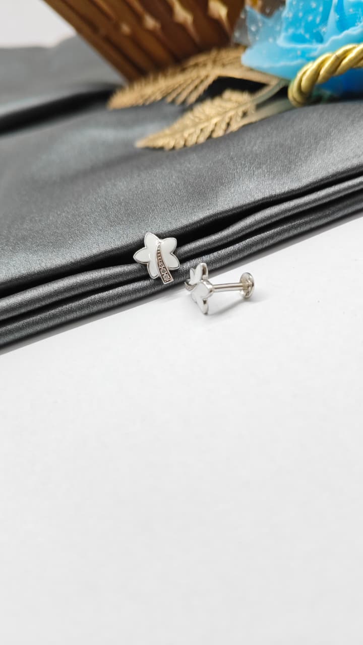925 Silver Regular Silver Colour Leaf Design White Enamel With White Stone Earrings