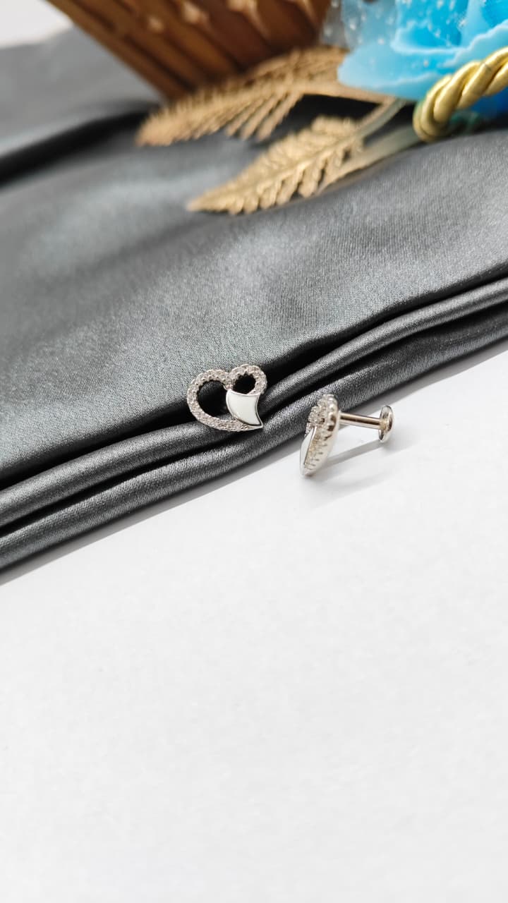 925 Silver Regular Silver Colour Heart Design White Enamel With White Stone Earrings