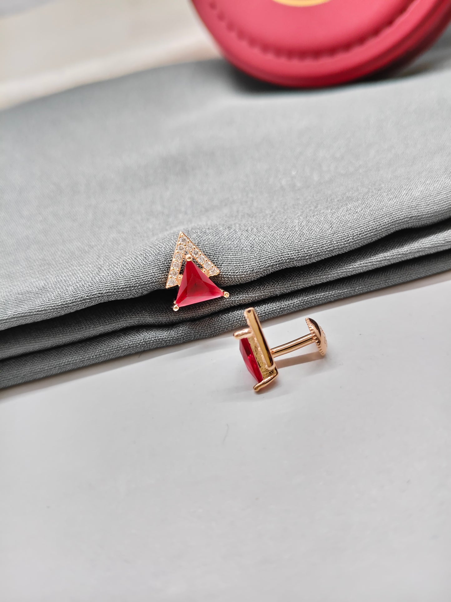925 Silver Rose Gold Double Triangle Design White With Red Stone Earrings