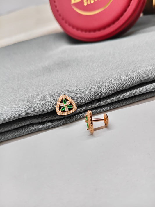 925 Silver Rose Gold Triangle Design White With Green Stone Earrings