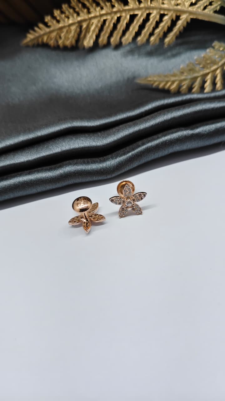925 Silver Rose Gold Flower Design White Stone Earrings
