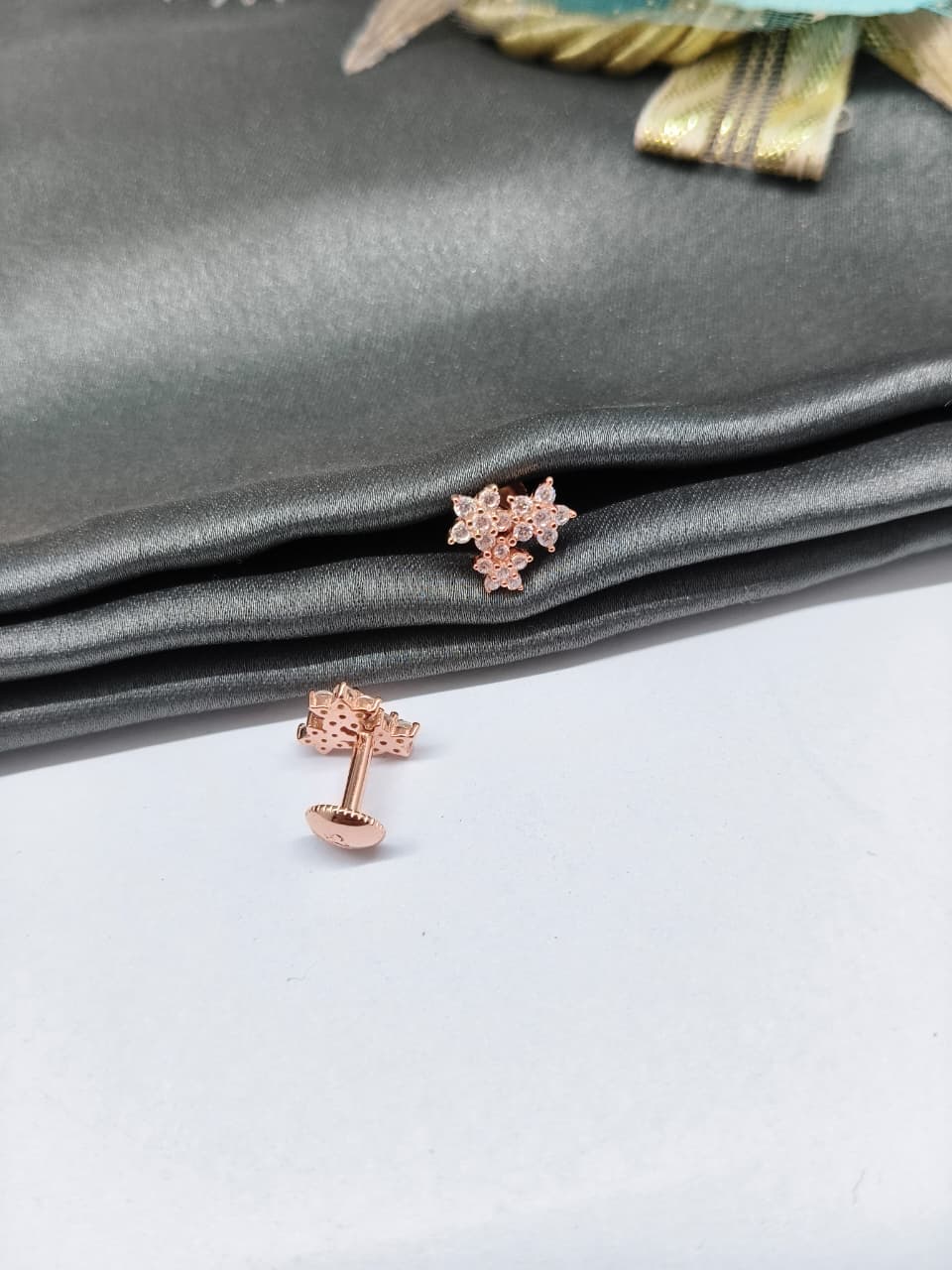 925 Silver Rose Gold 3 Star Design With White Stone Earrings