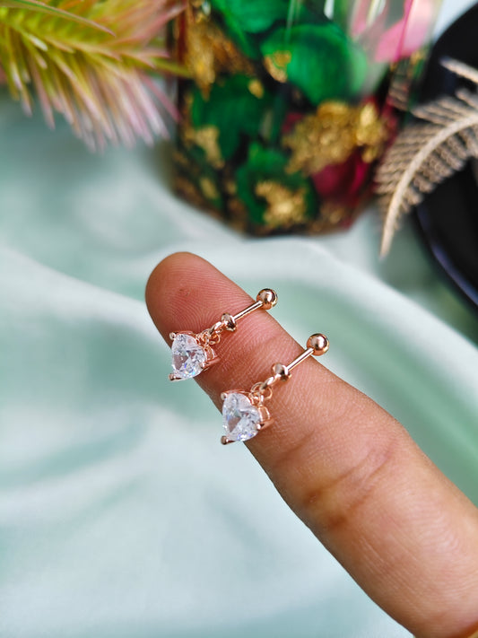 925 Silver Rose Gold Heart Hanging Design With Single White Stone Bugadi Earrings