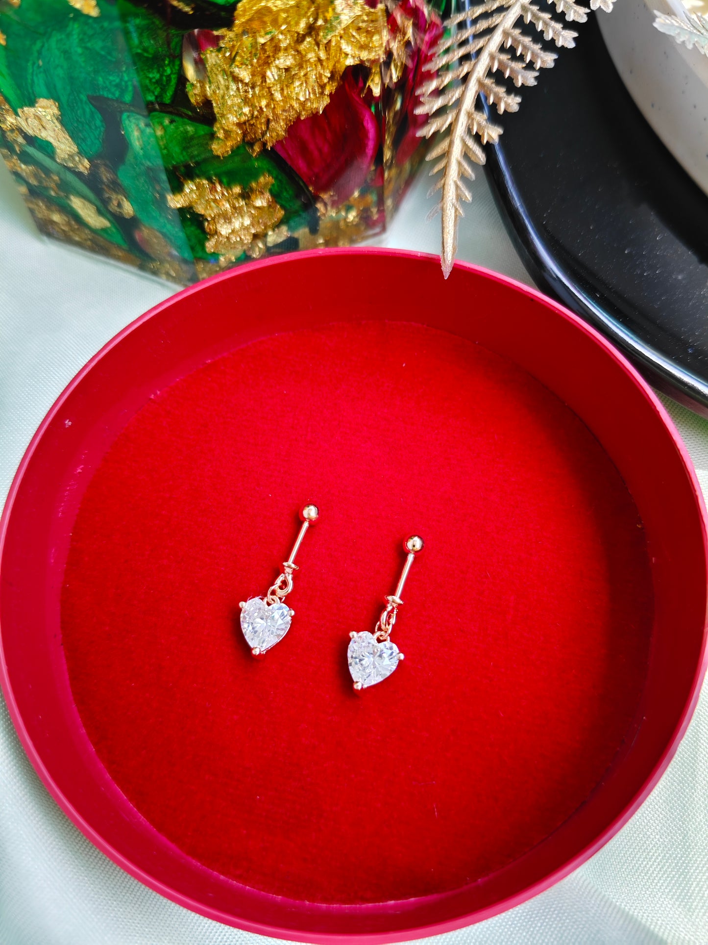 925 Silver Rose Gold Heart Hanging Design With Single White Stone Bugadi Earrings