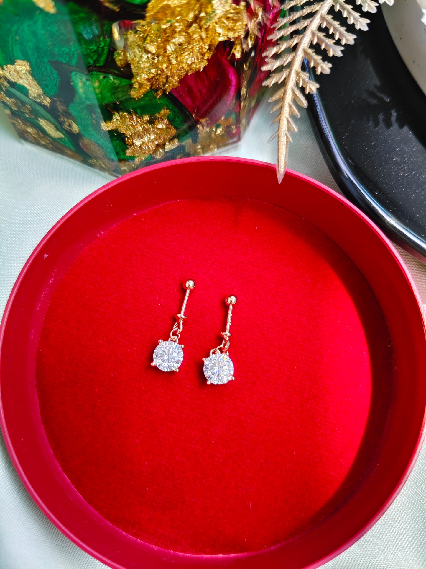 925 Silver Rose Gold Round Hanging Design With Single White Stone Bugadi Earrings