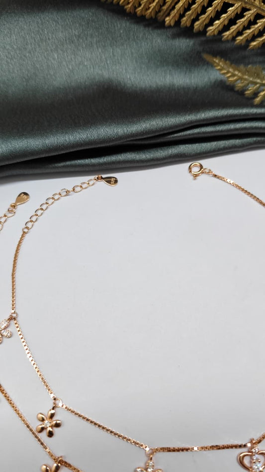 925 Silver Rose Gold Colour Crown And Flower Hanging Design With White Stone Anklets