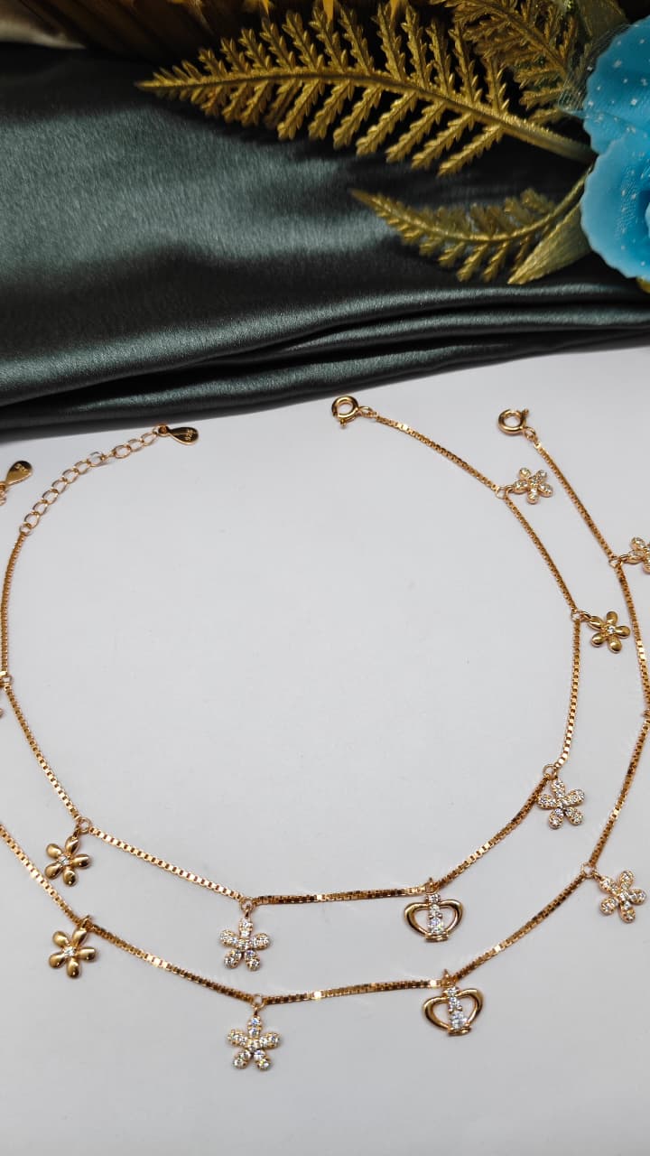925 Silver Rose Gold Colour Crown And Flower Hanging Design With White Stone Anklets