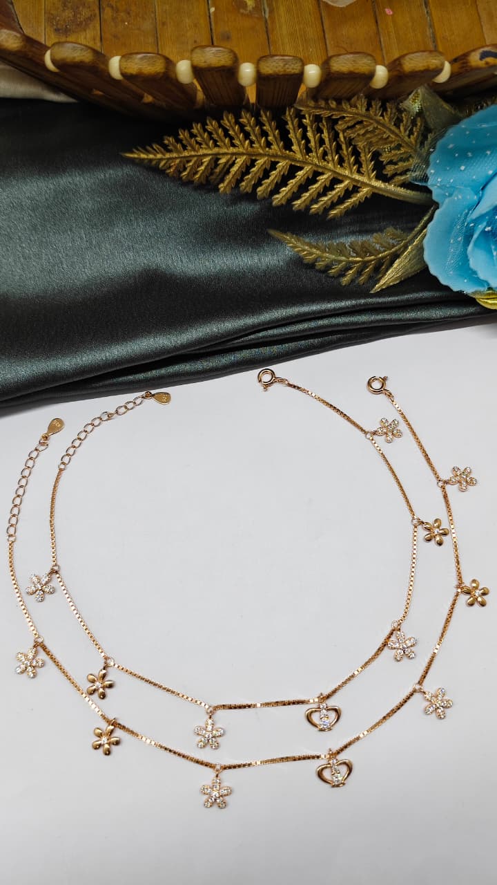 925 Silver Rose Gold Colour Crown And Flower Hanging Design With White Stone Anklets