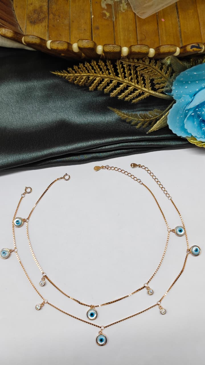 925 Silver Rose Gold Colour Evil Eye Hanging Design With White Stone Anklets