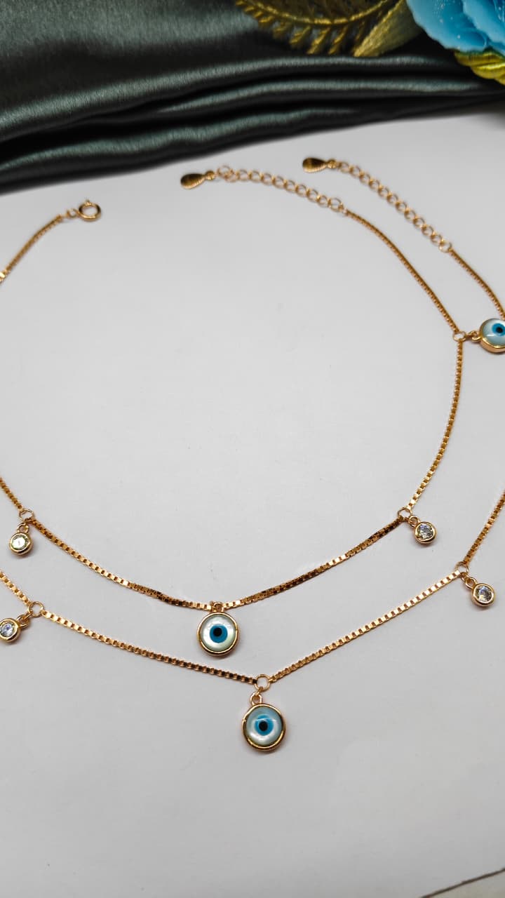925 Silver Rose Gold Colour Evil Eye Hanging Design With White Stone Anklets