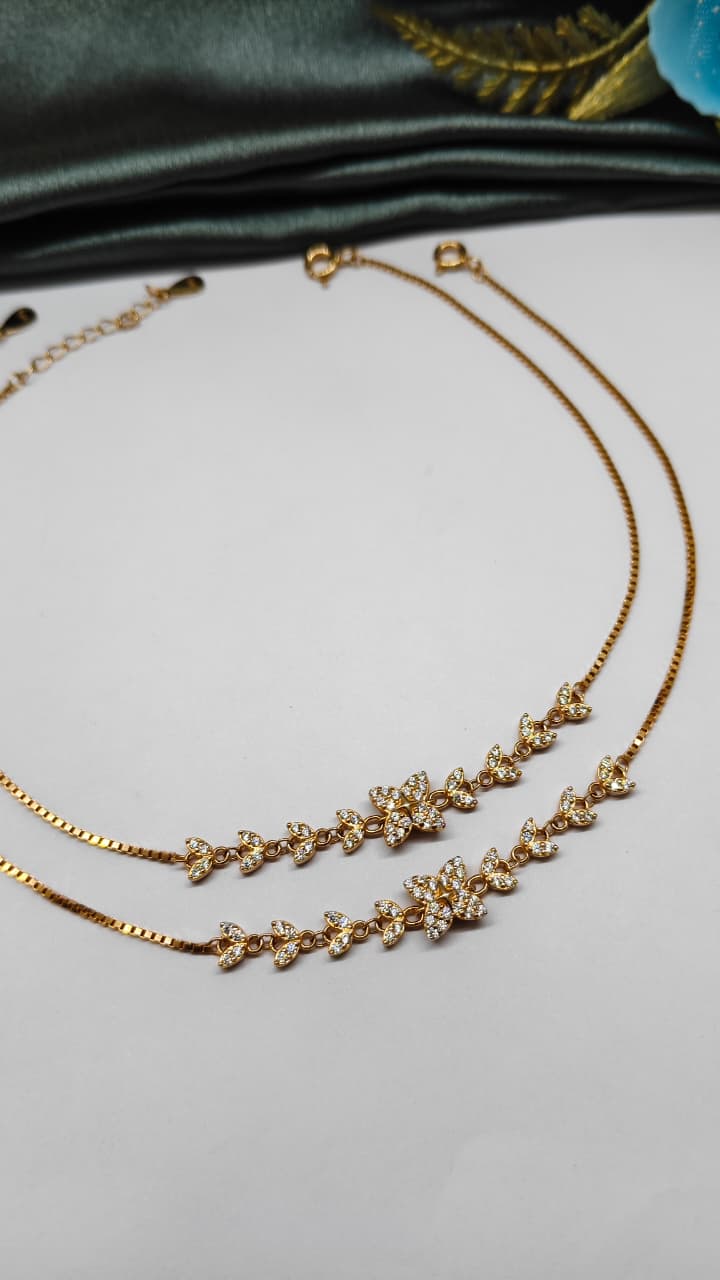 925 Silver Rose Gold Colour Butterfly Design With White Stone Anklets