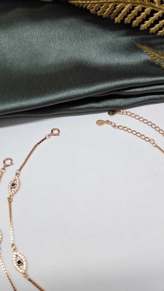 925 Silver Rose Gold Colour 5 Evil Eye Design With White Stone Anklets