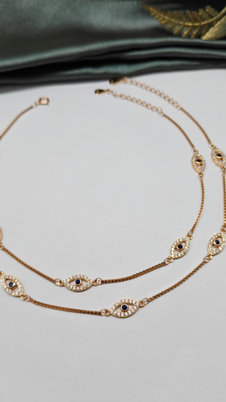 925 Silver Rose Gold Colour 5 Evil Eye Design With White Stone Anklets