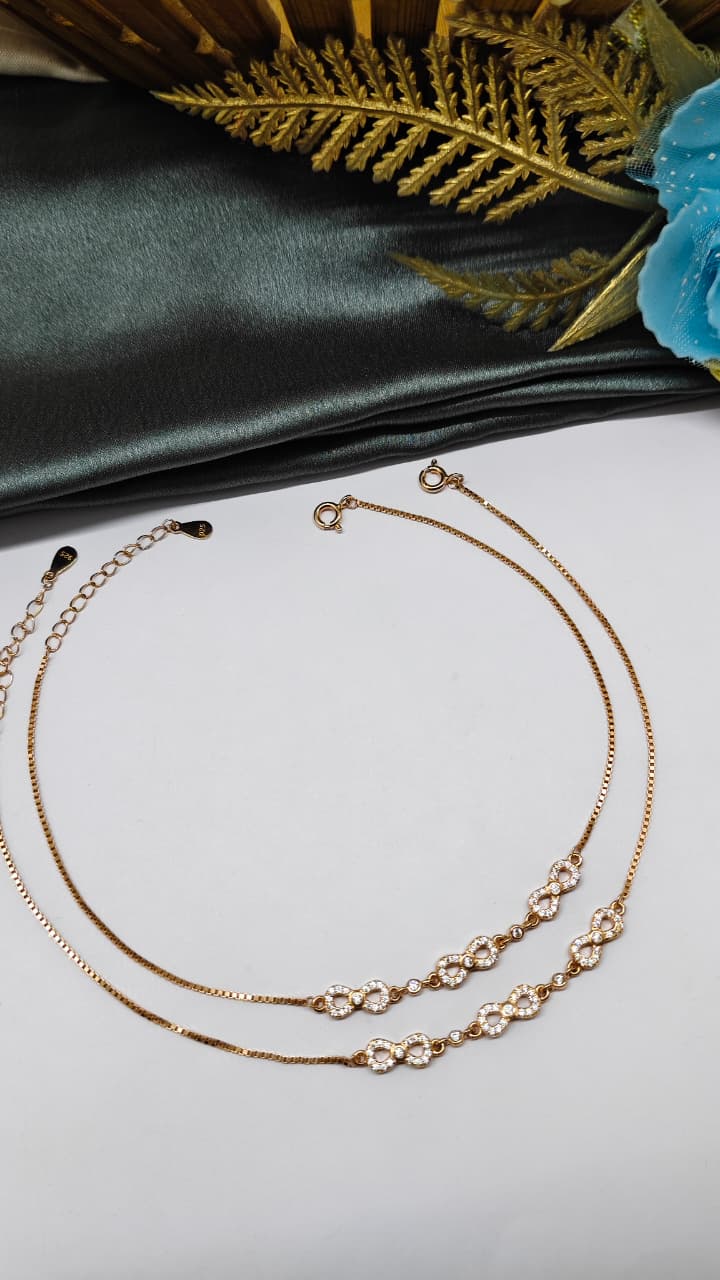 925 Silver Rose Gold Colour 3 Infinity Design With White Stone Anklets