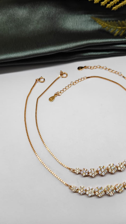925 Silver Rose Gold Colour Multiple White Stone Design Anklets