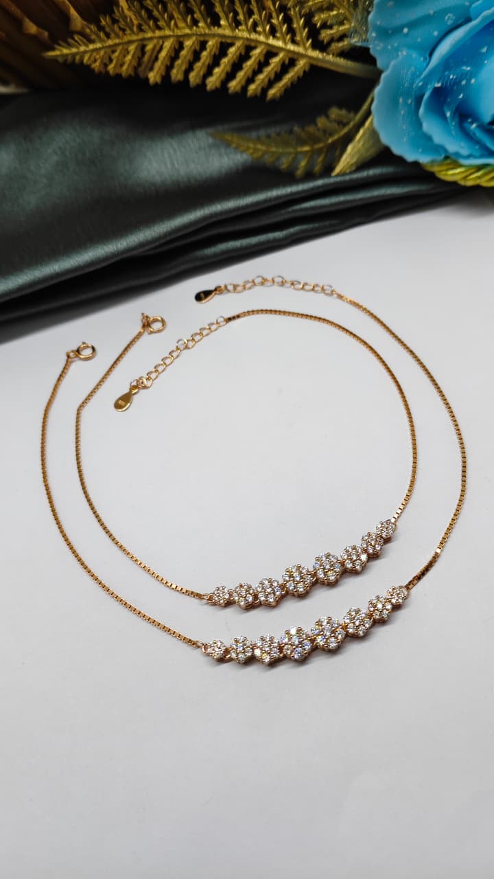 925 Silver Rose Gold Colour Multiple White Stone Design Anklets