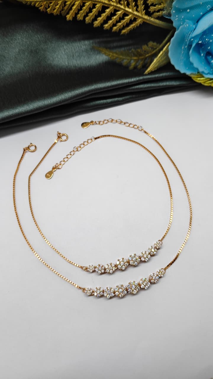 925 Silver Rose Gold Colour Multiple White Stone Design Anklets