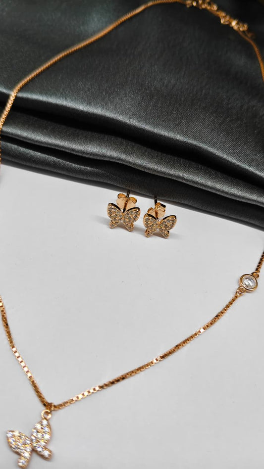 925 Silver Rose Gold Colour Single Hanging Butterfly Design Set With Earring