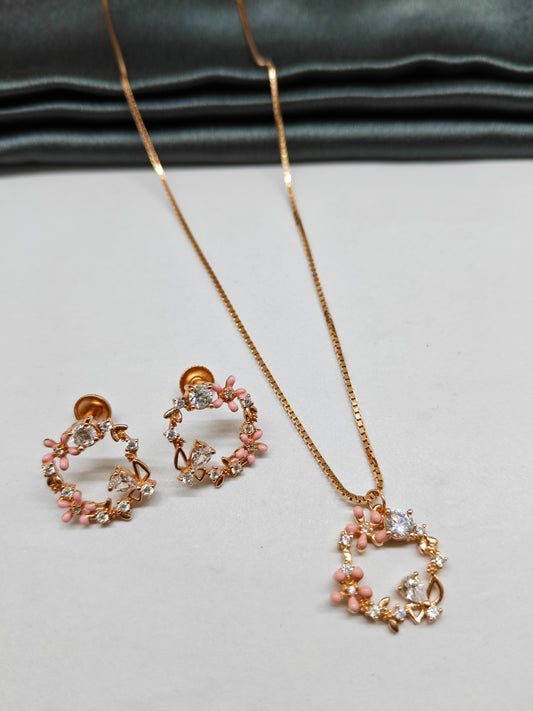 925 Silver Rose Gold Colour Pink Enamel Design White Stone Set With Earring