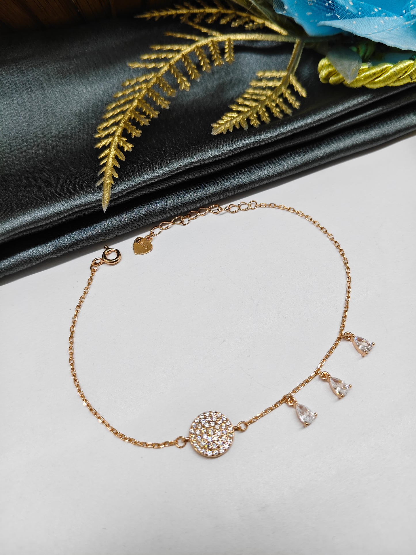 925 Silver Rose Gold Colour 3 Hanging Design With White Stone Bracelet