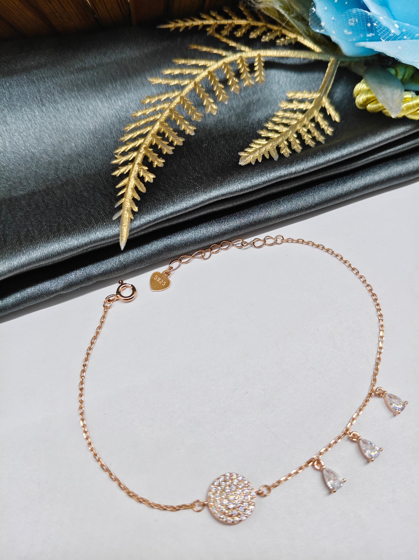 925 Silver Rose Gold Colour 3 Hanging Design With White Stone Bracelet