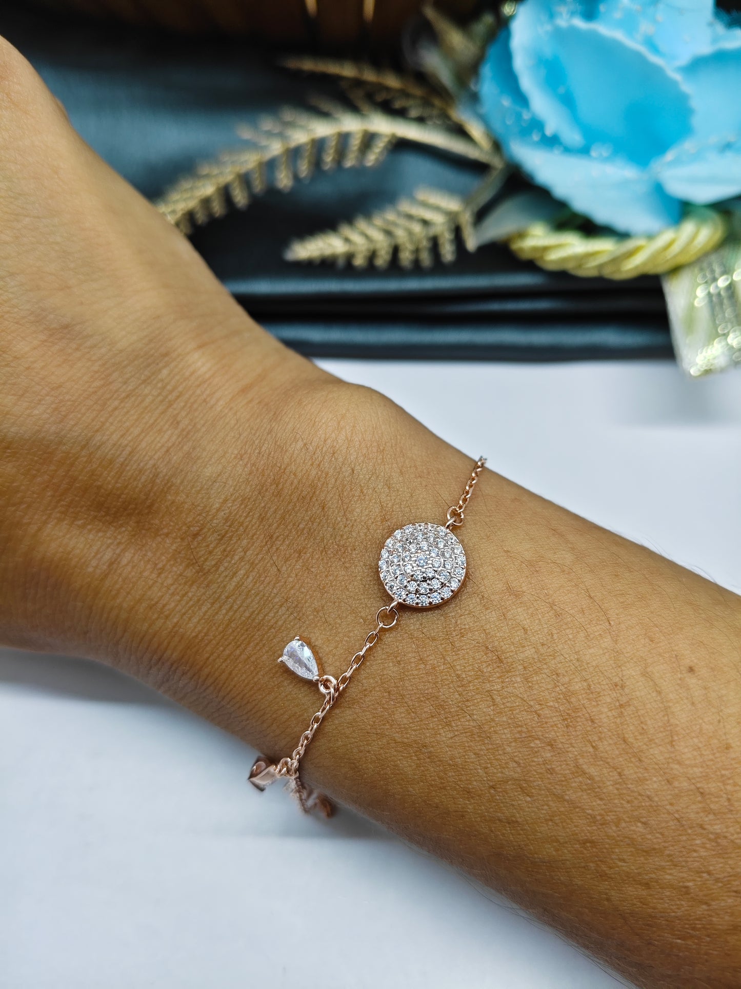 925 Silver Rose Gold Colour 3 Hanging Design With White Stone Bracelet