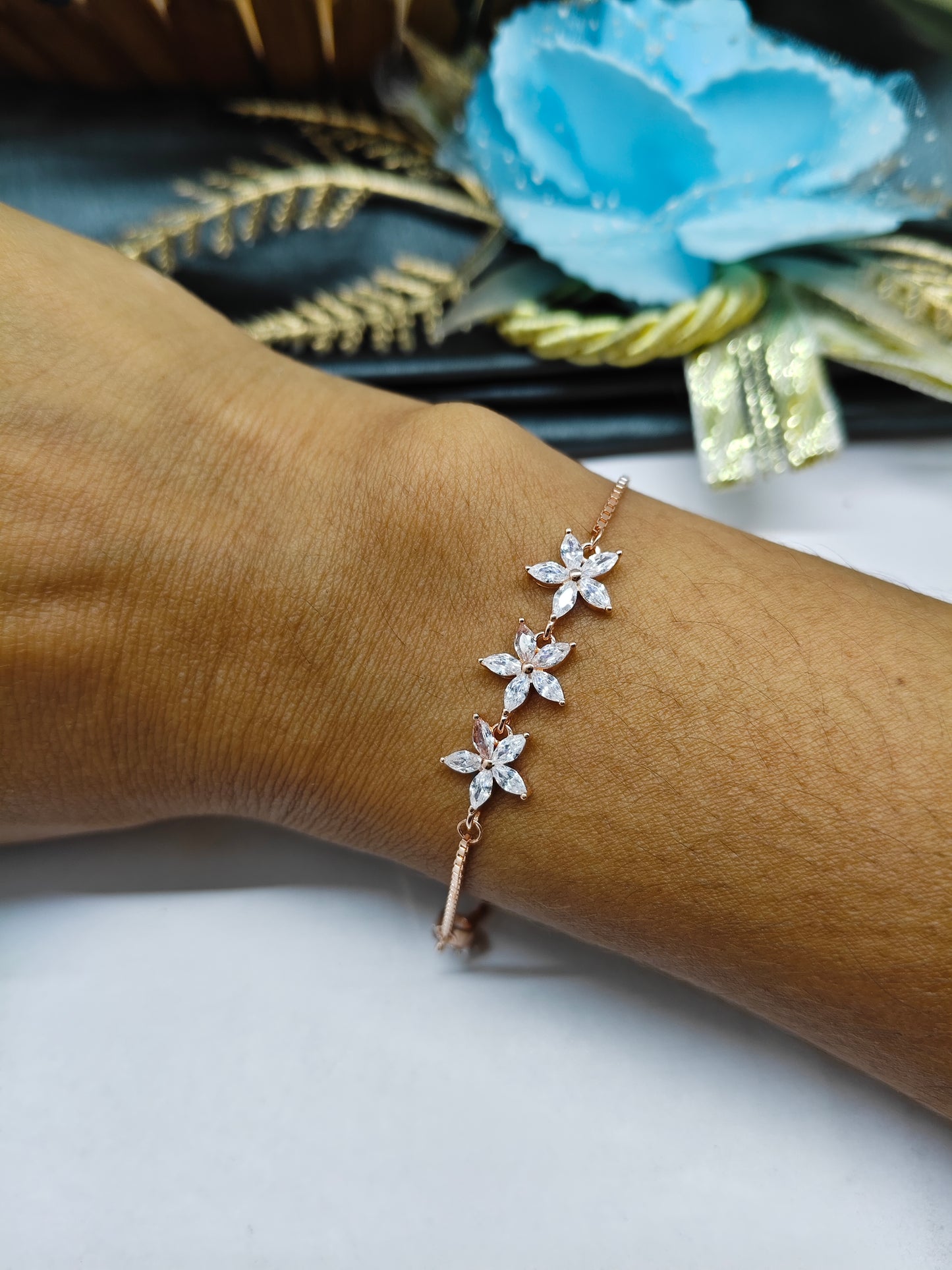 925 Silver Rose Gold Colour 3 Star Design With White Stone Bracelet