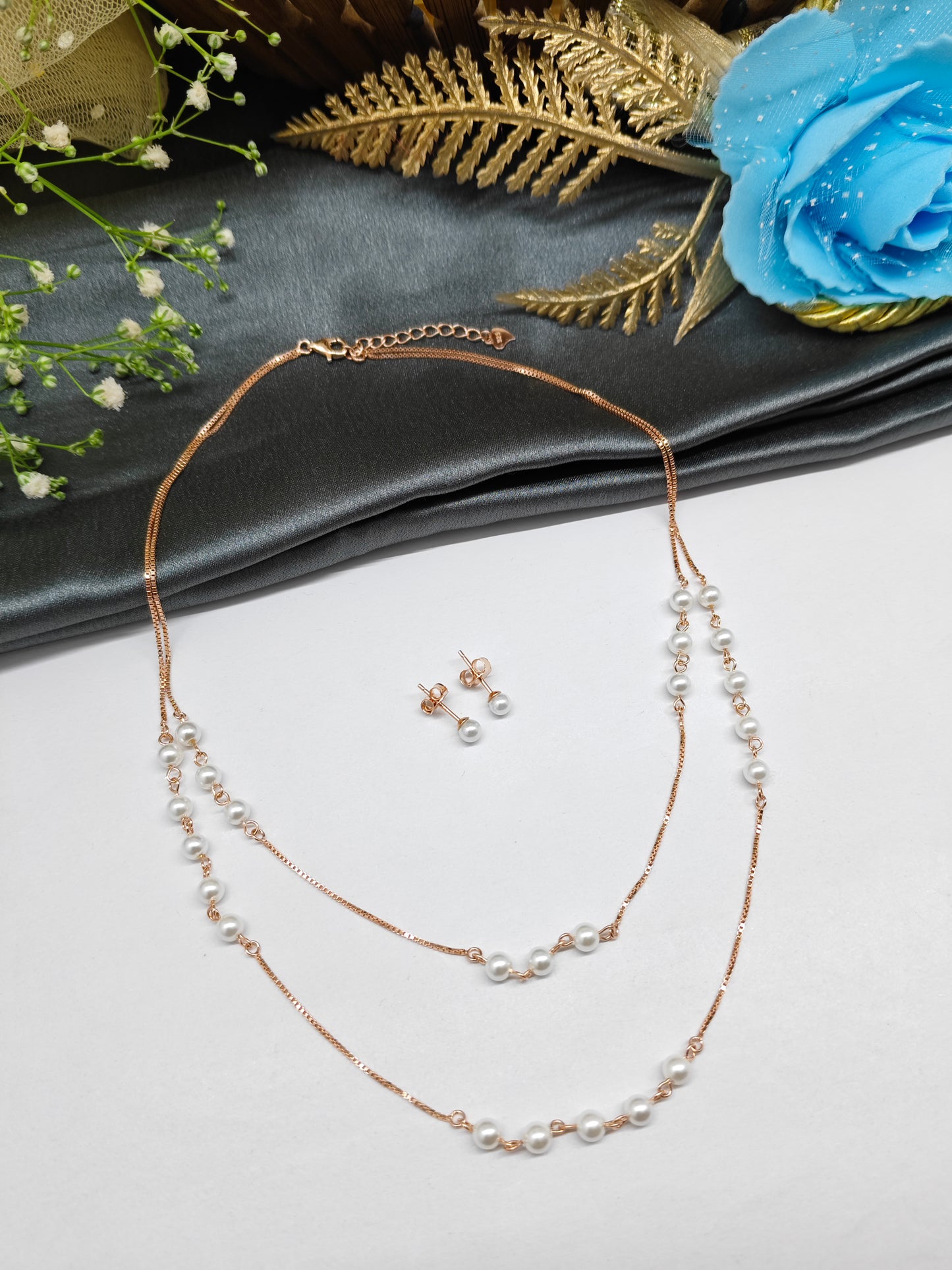 925 Silver Rose Gold Colour Double Layer Pearl Design Set With Earring