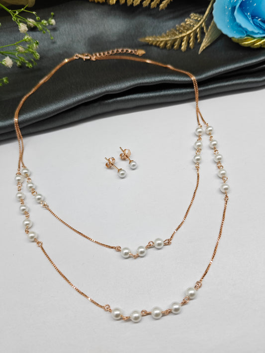 925 Silver Rose Gold Colour Double Layer Pearl Design Set With Earring