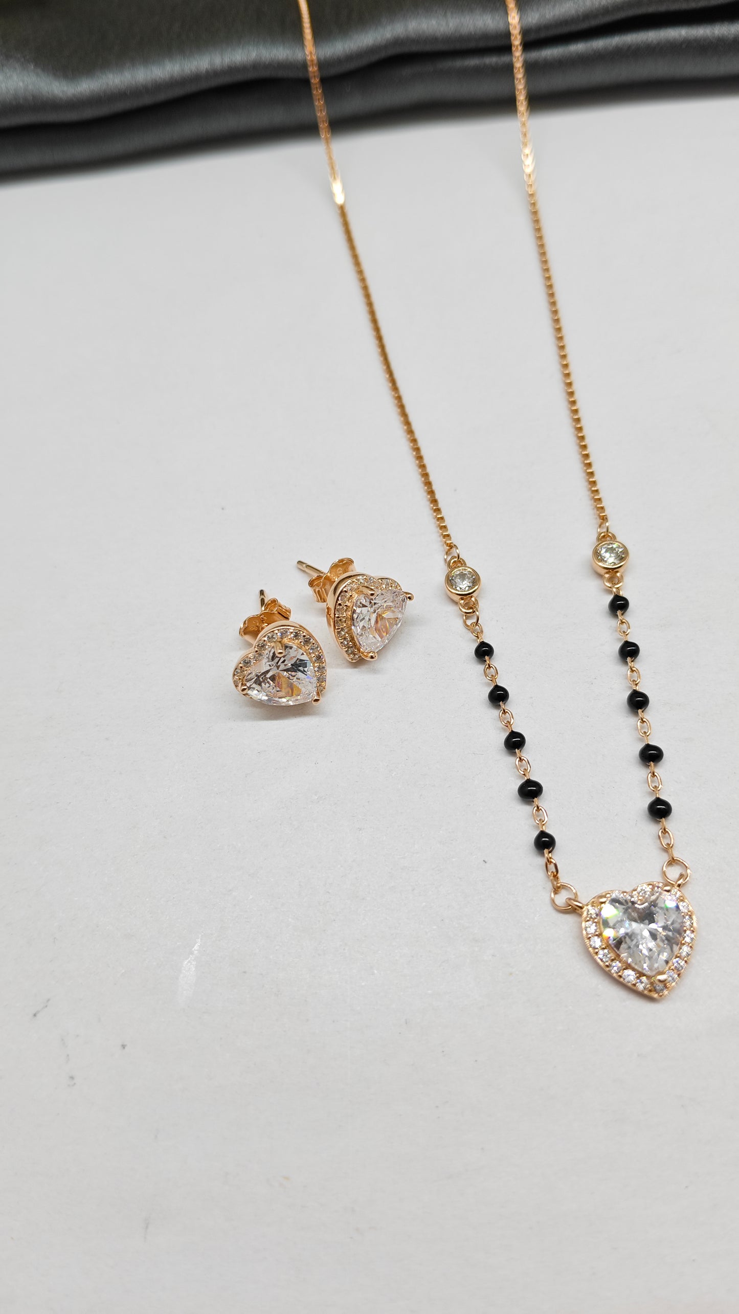 925 Silver Rose Gold Colour Mangal sutra Black Beads With Heart Design White Stone Necklace Set