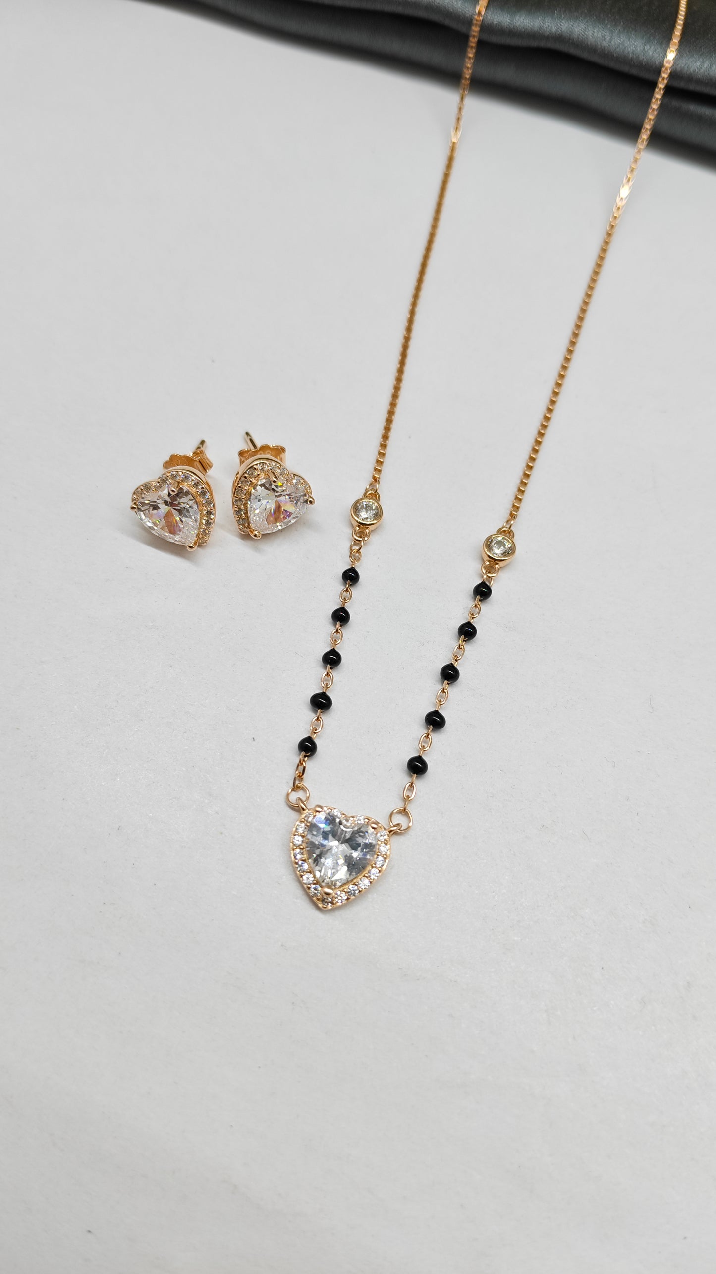 925 Silver Rose Gold Colour Mangal sutra Black Beads With Heart Design White Stone Necklace Set