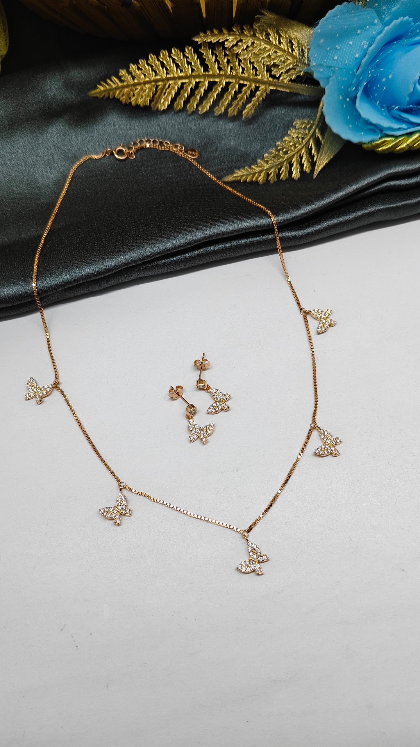 925 Silver Rose Gold Colour 5 Butterfly Hanging Design Stone Necklace Set
