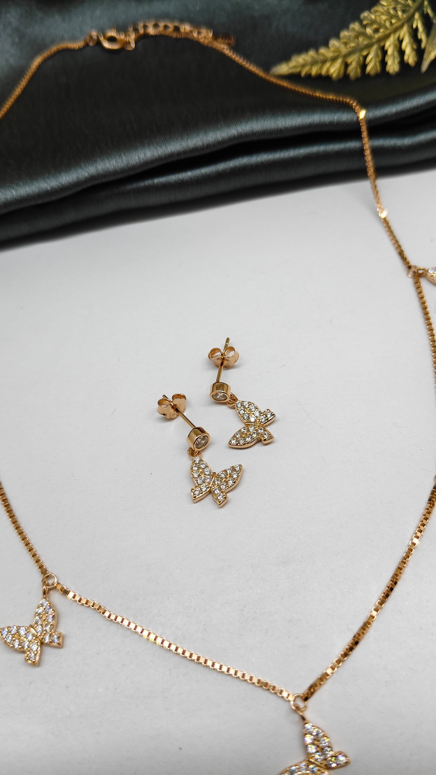 925 Silver Rose Gold Colour 5 Butterfly Hanging Design Stone Necklace Set