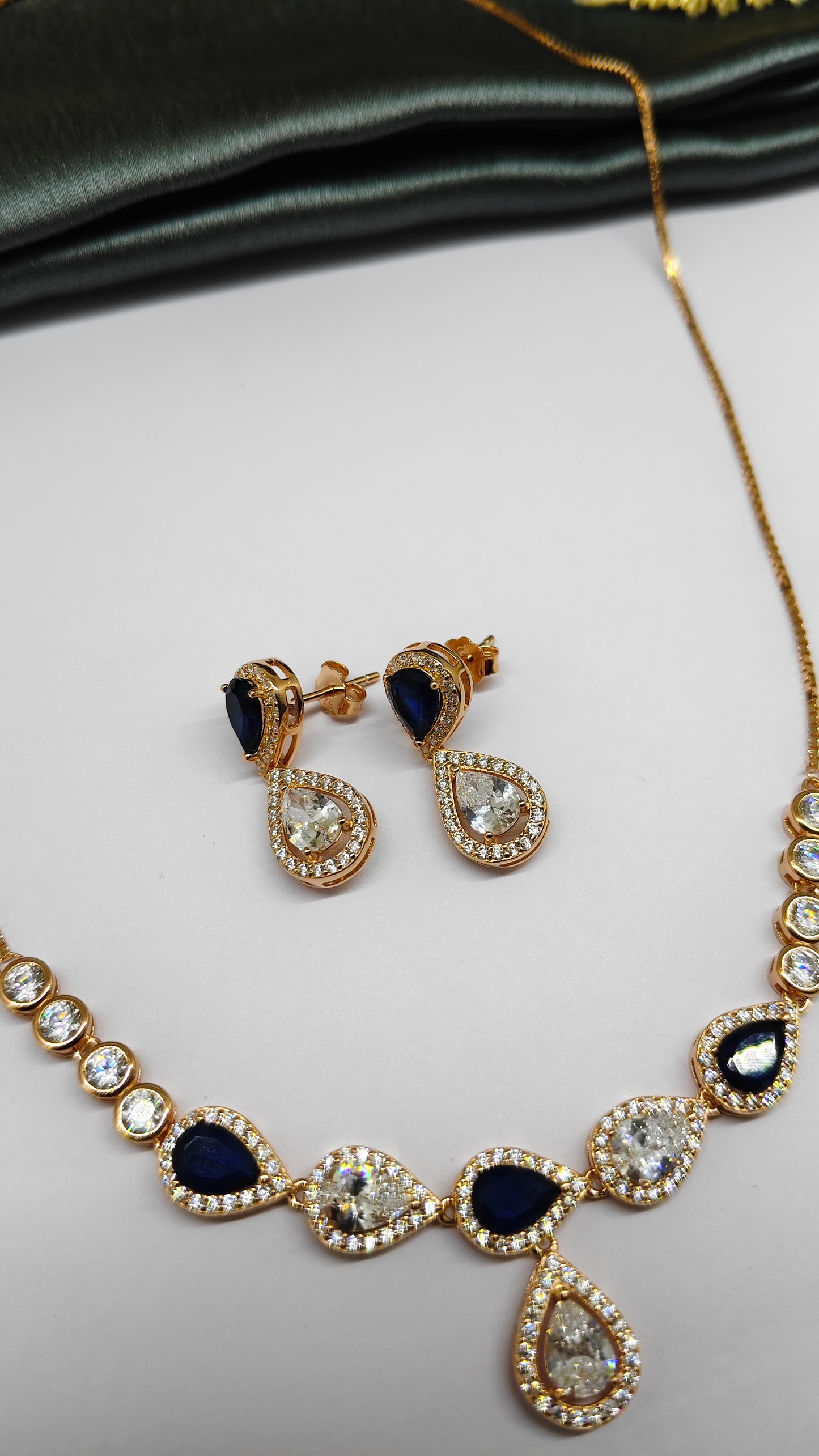 925 Silver Rose Gold Colour Blue With White Stone Design Necklace Set