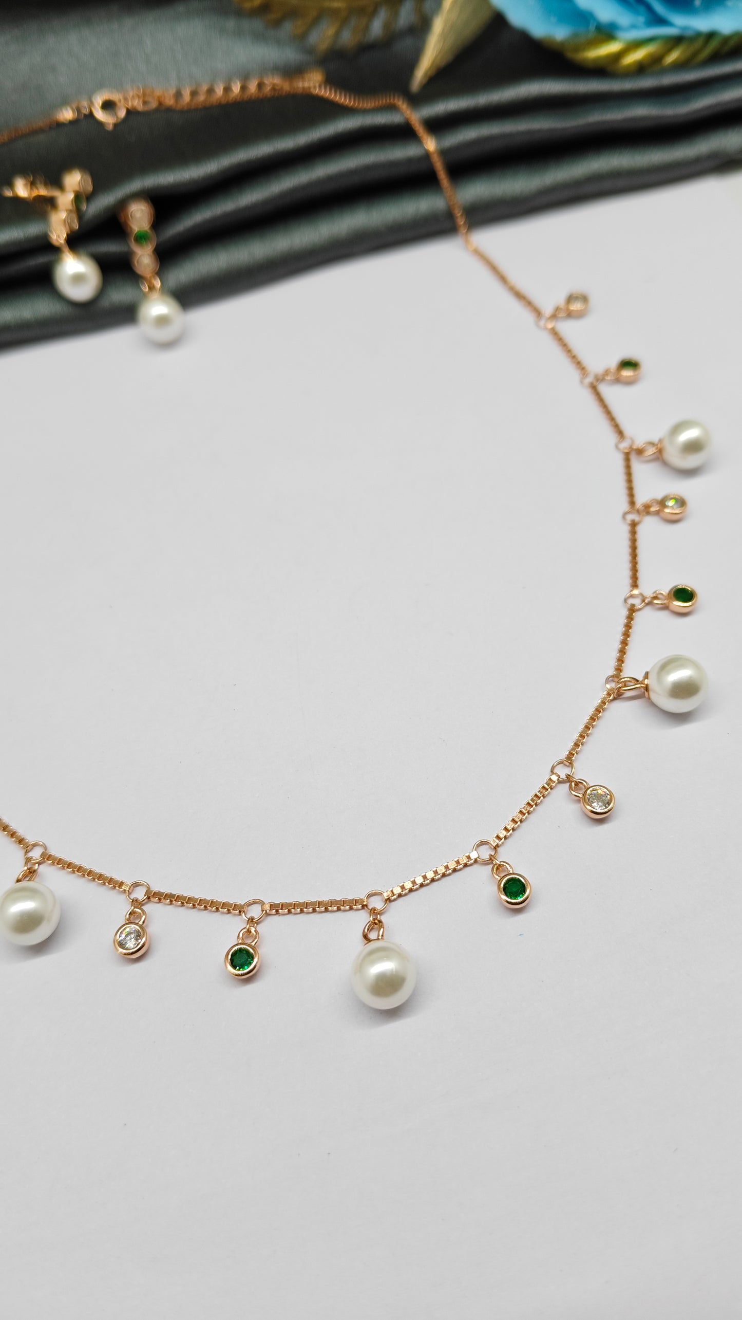 925 Silver Rose Gold Colour Pearl Hanging Charms Design Set With Earring