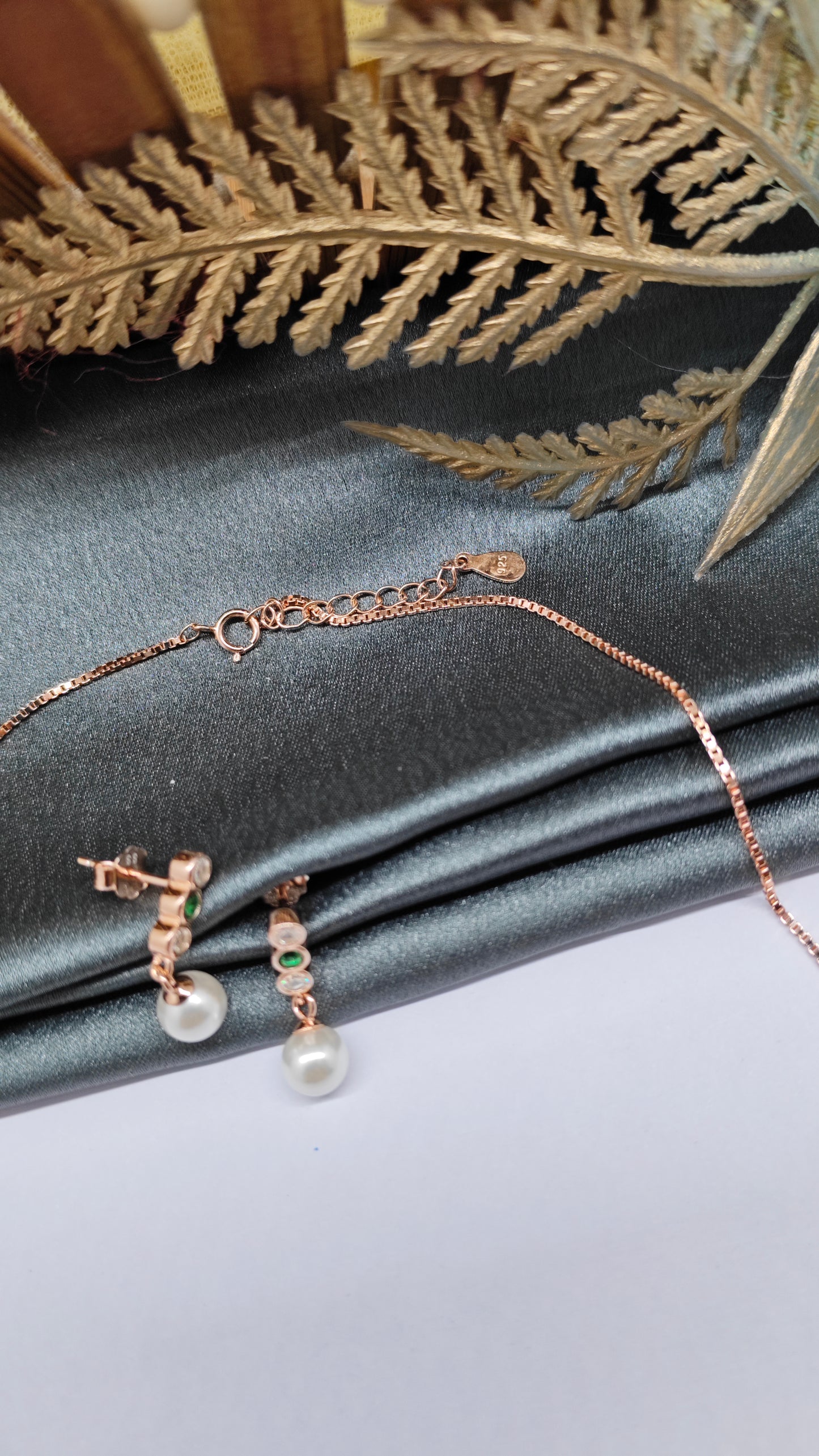 925 Silver Rose Gold Colour Pearl Hanging Charms Design Set With Earring