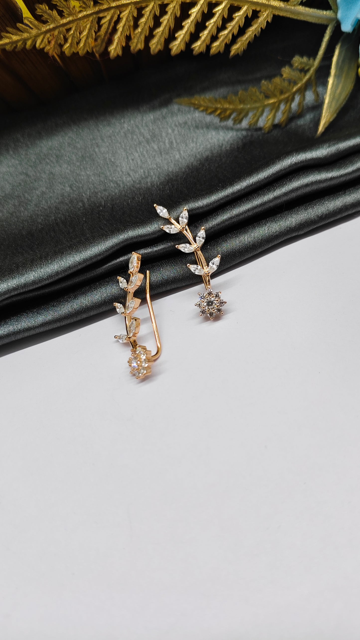 925 Silver Rose Gold Colour 9 Stone with Leaf Design Ear Cuff/Bluetooth