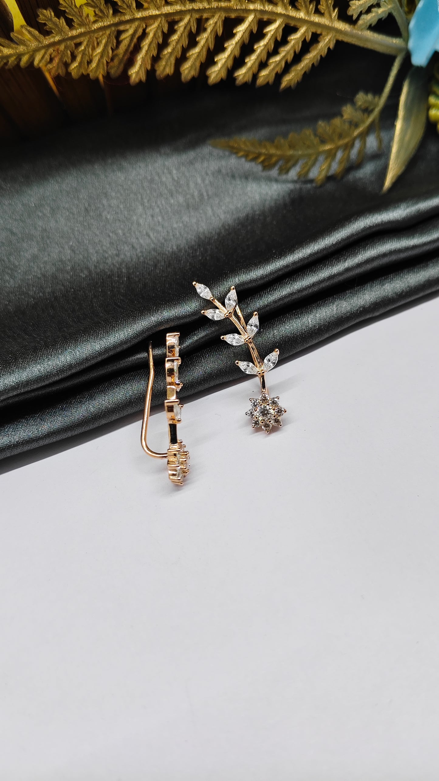 925 Silver Rose Gold Colour 9 Stone with Leaf Design Ear Cuff/Bluetooth