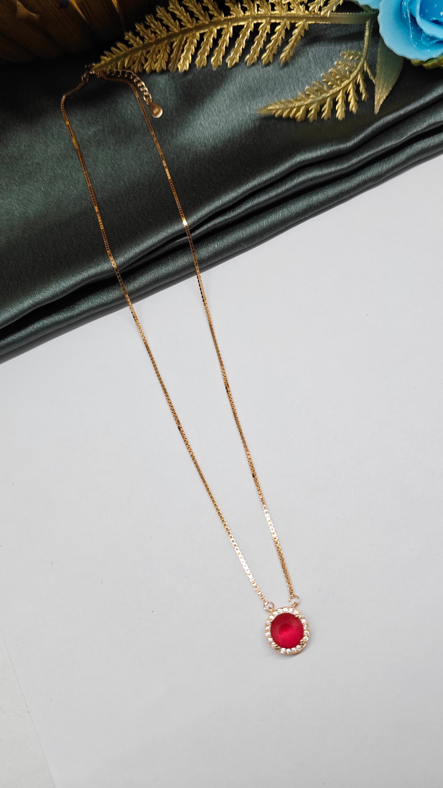 925 Silver Rose Gold Solitaire Design Red With White Stone Chain Pendent