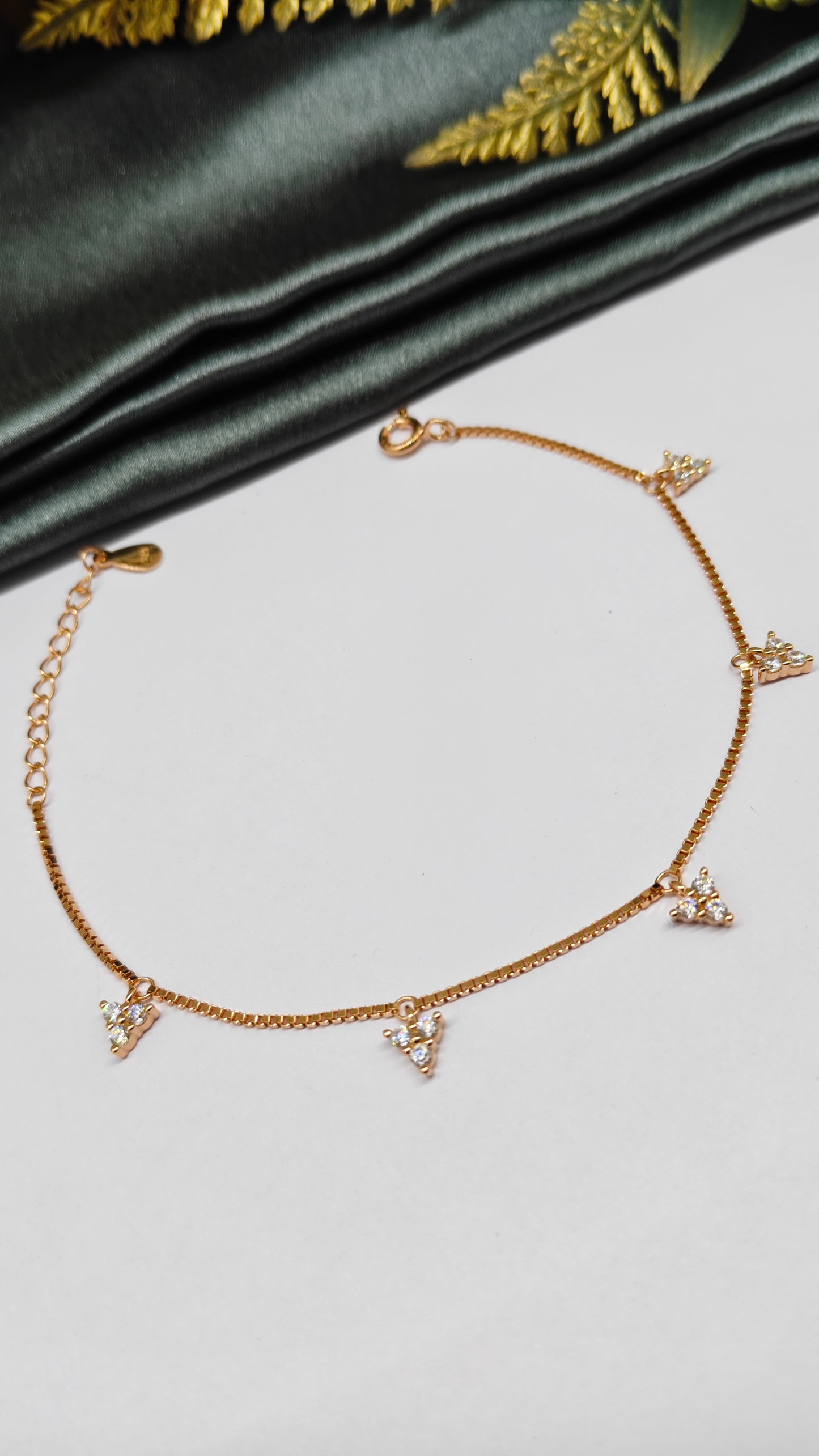 925 Silver Rose Gold Colour Triangle 3 Stone Hanging Design Bracelet
