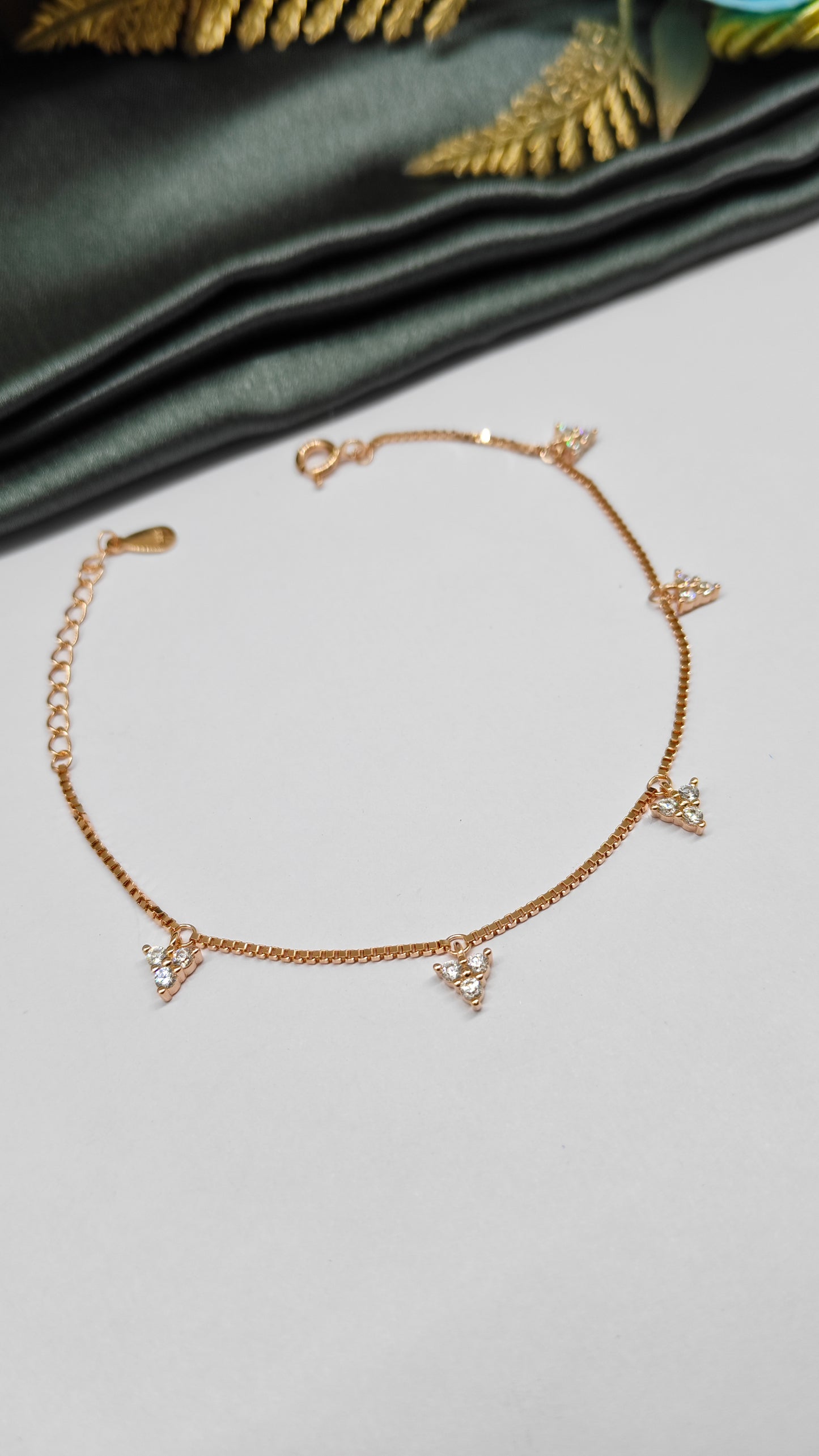 925 Silver Rose Gold Colour Triangle 3 Stone Hanging Design Bracelet