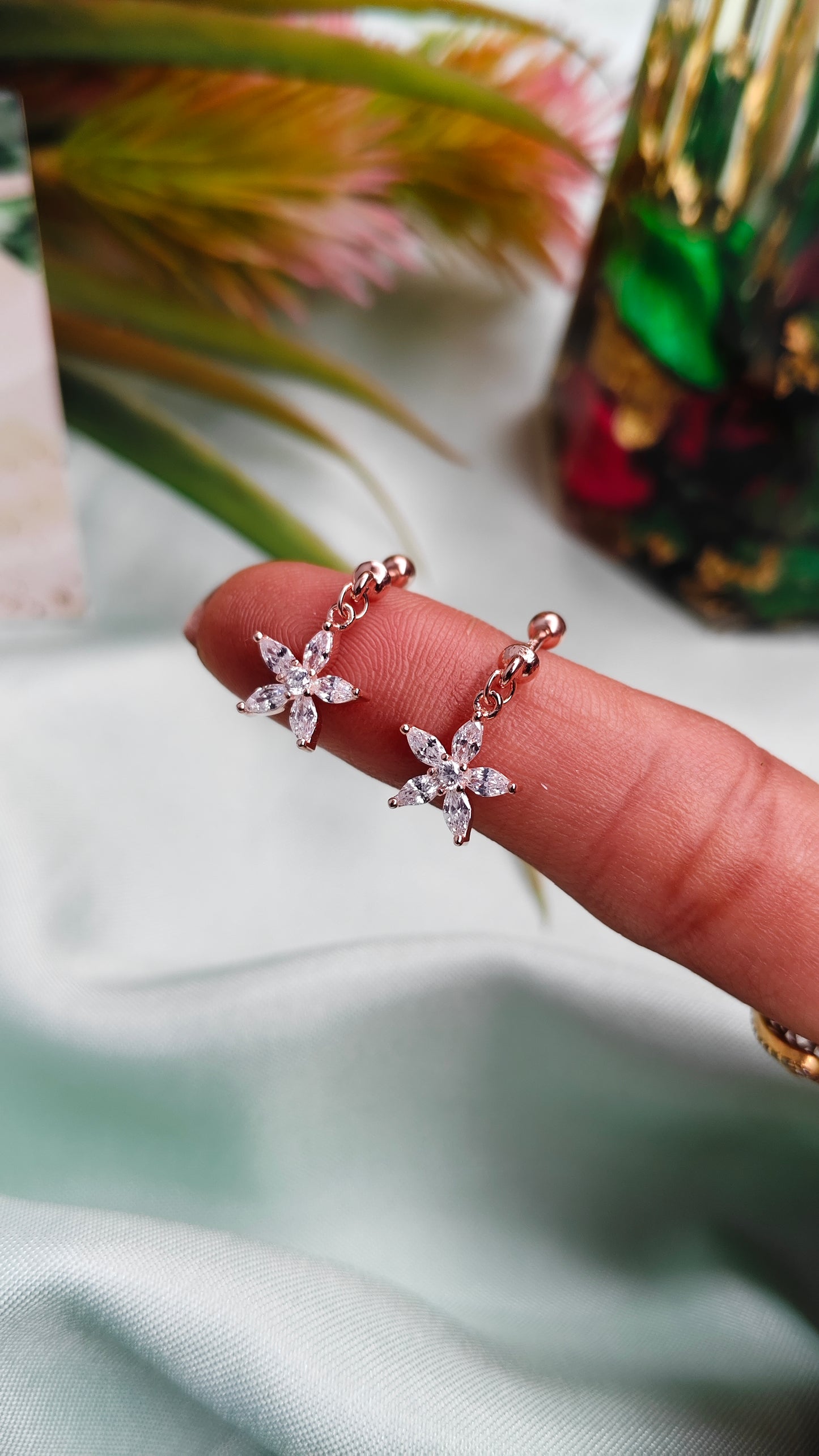 925 Silver Rose Gold Star Hanging Design With White Stone Bugadi Earrings