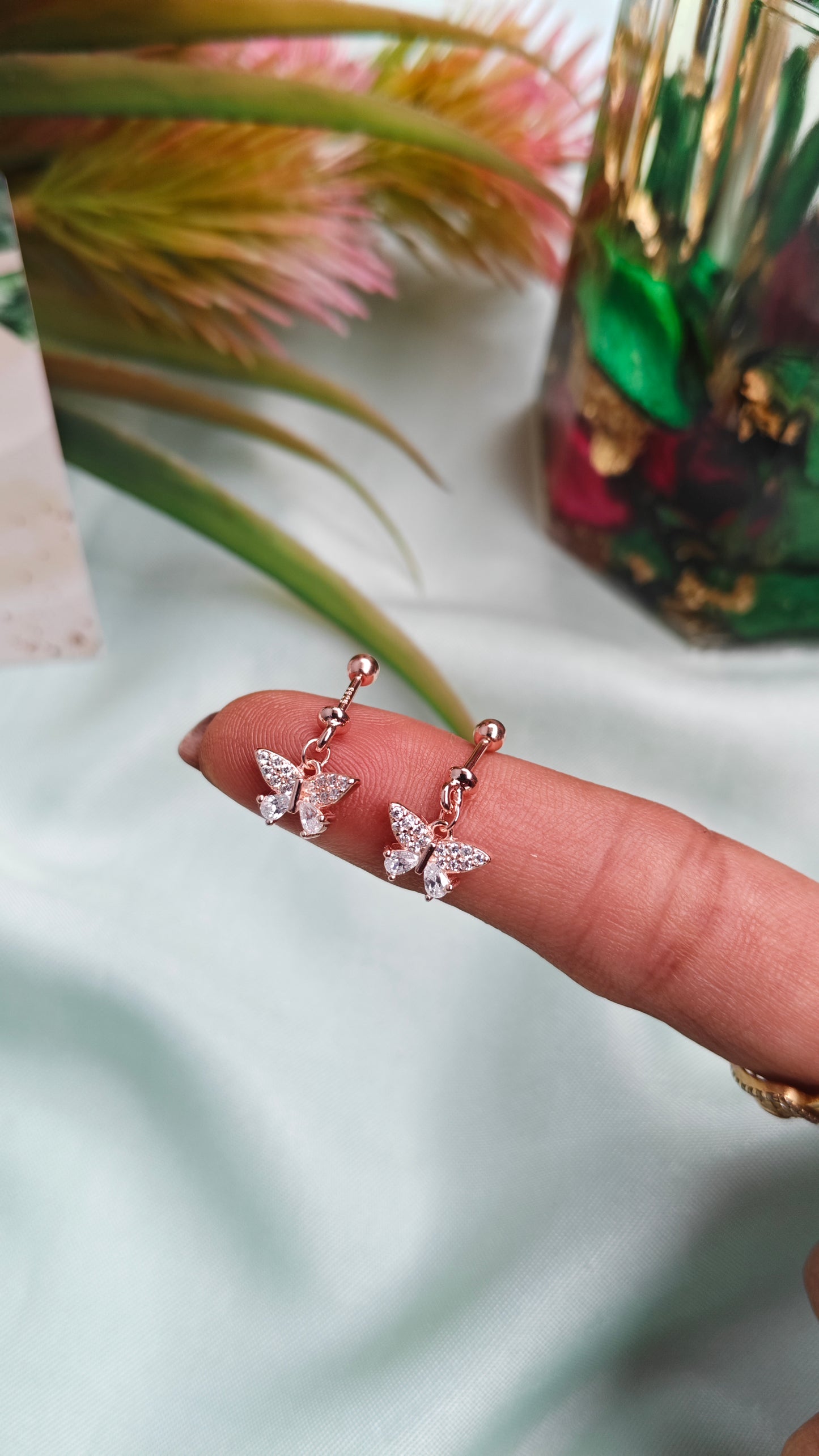 925 Silver Rose Gold Butterfly Hanging Design With White Stone Bugadi Earrings