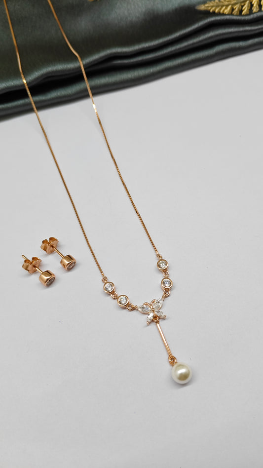 925 Silver Rose Gold Colour White Stone With Pearl Hanging Design Necklace Set