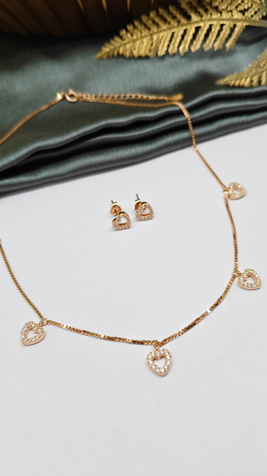 925 Silver Rose Gold Colour White Stone Heart Hanging Design Necklace Set