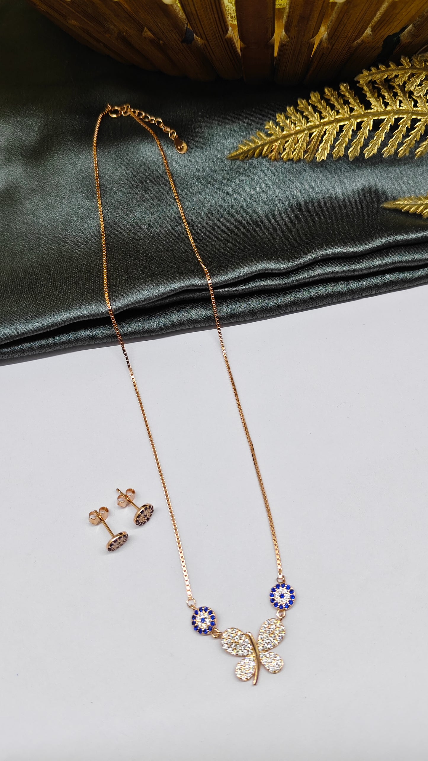 925 Silver Rose Gold Colour White Stone Blue Evil Eye With Butterfly Design Necklace Set