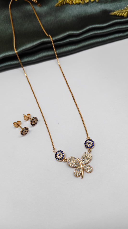 925 Silver Rose Gold Colour White Stone Blue Evil Eye With Butterfly Design Necklace Set