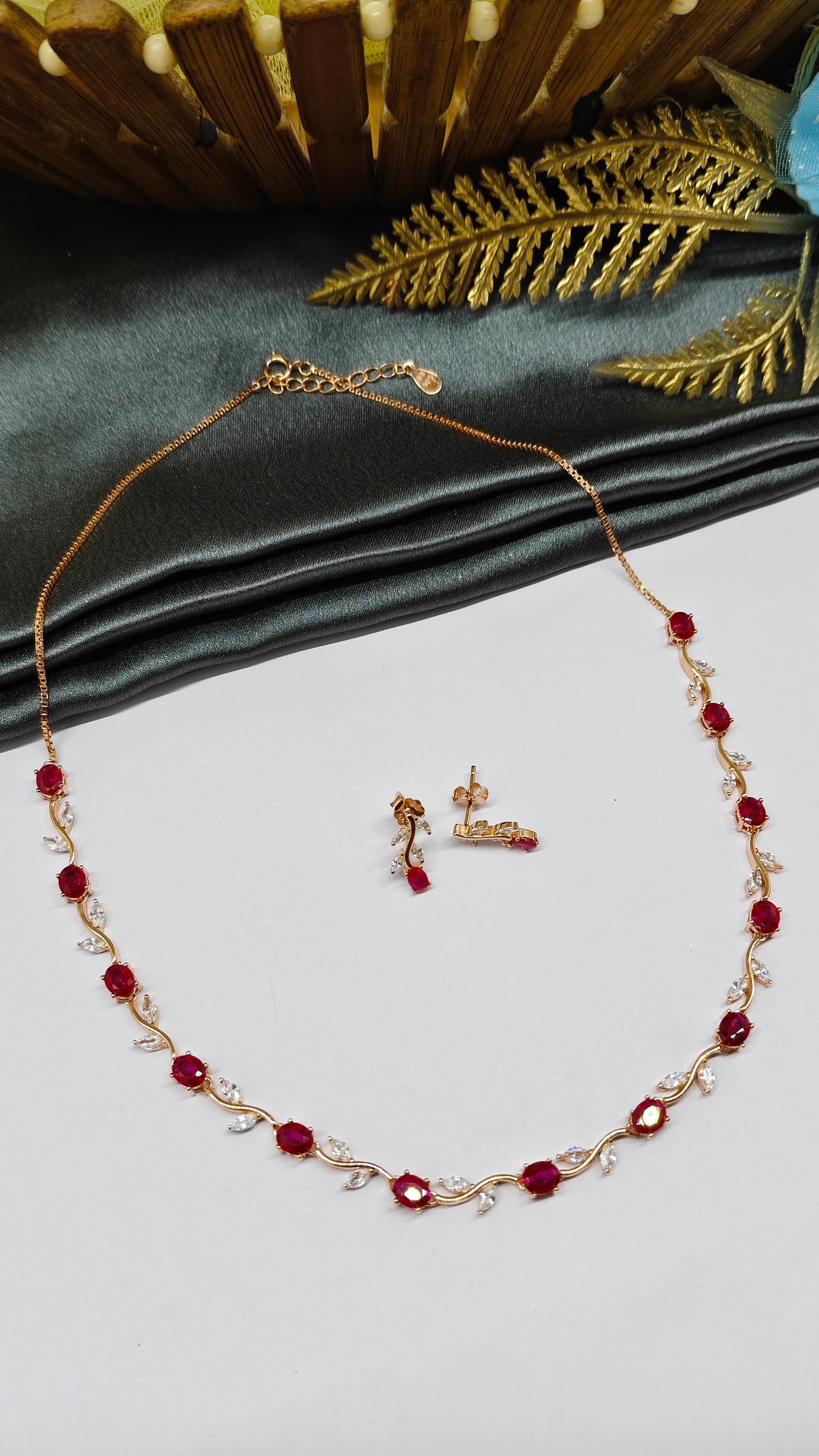 925 Silver Rose Gold Colour White And Red Stone Design Necklace Set