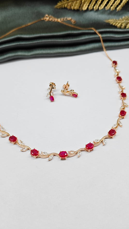 925 Silver Rose Gold Colour White And Red Stone Design Necklace Set
